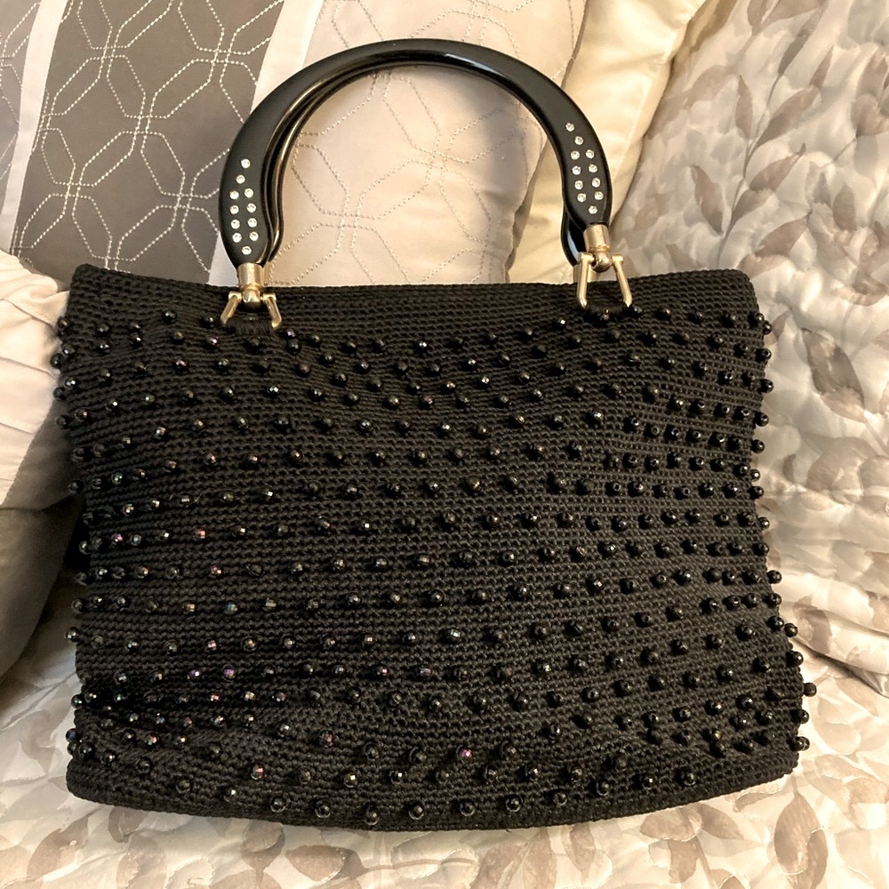 Beaded Crochet Bag with Rhinestone Studded Handles - Black